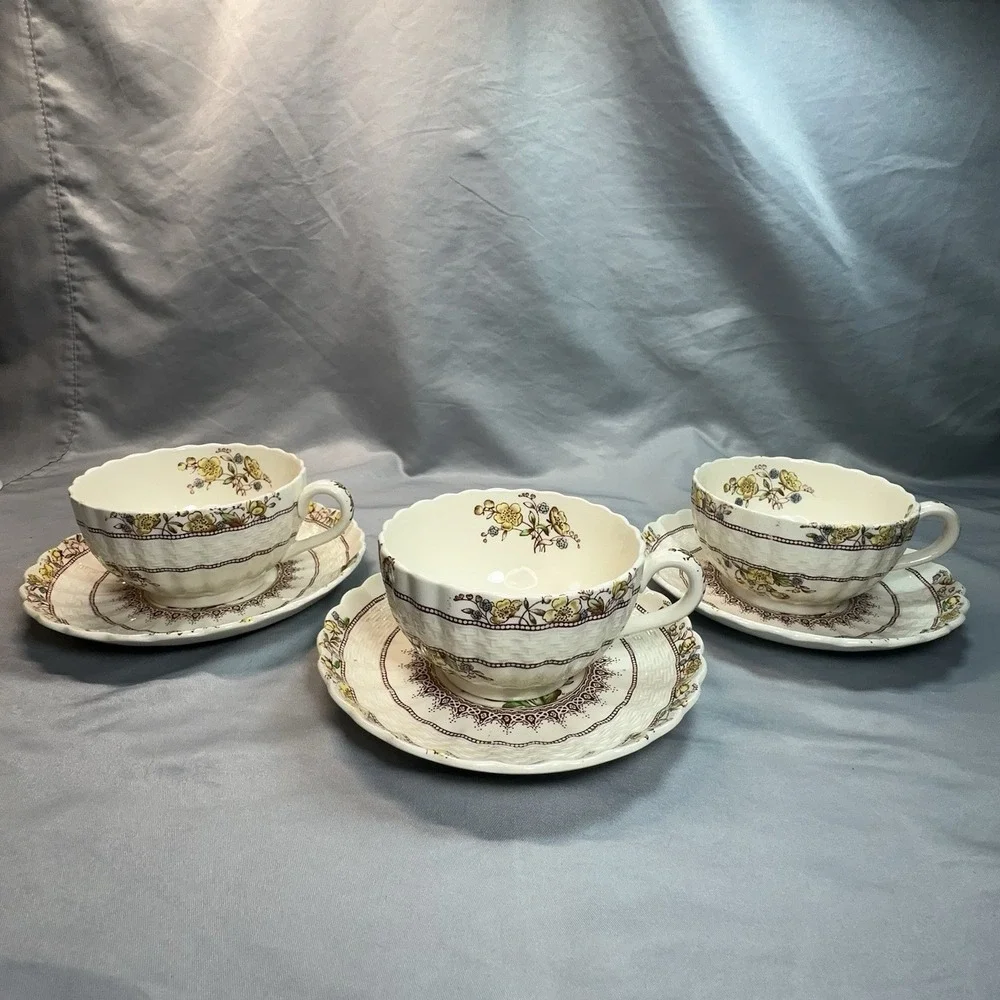Spode Buttercup Teacup Saucer Set‎ Copeland England Scalloped Floral Old Mark